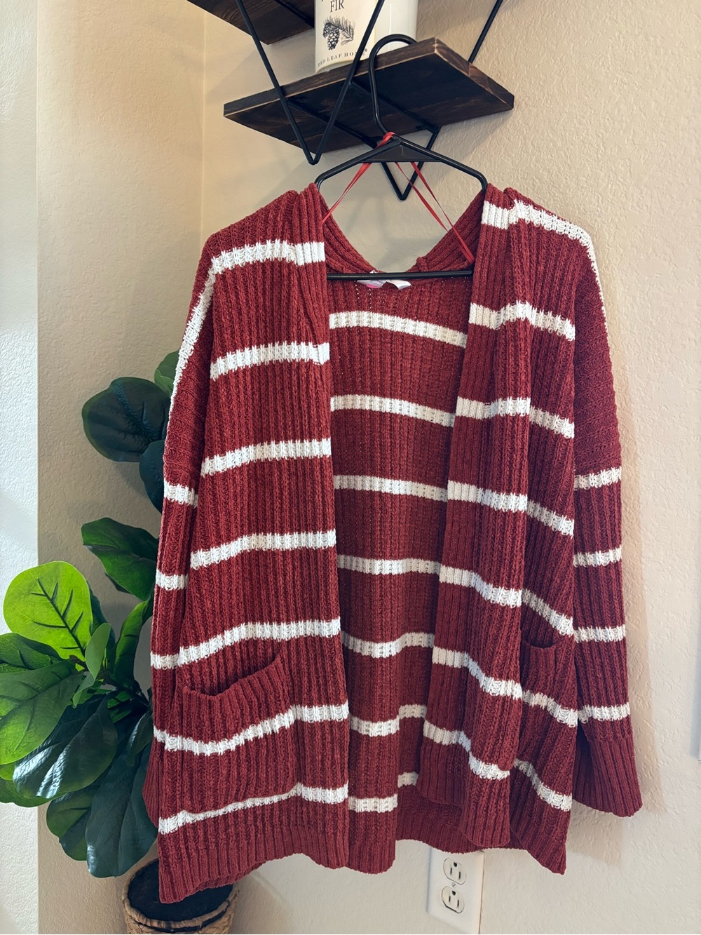 Cozy Open-Front Stripe Knit Cardigan - Brick Red & White